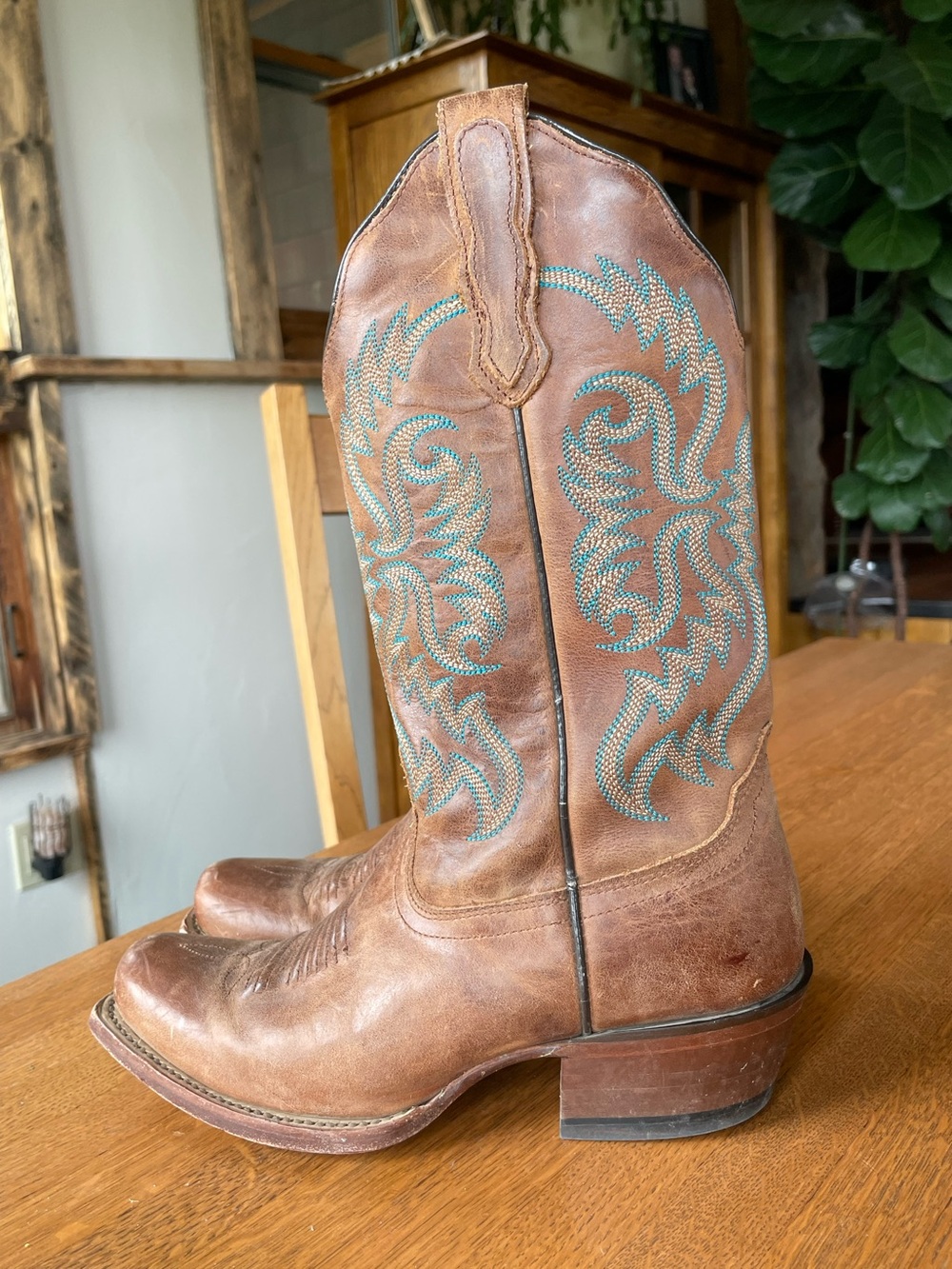Women's Nacona Brown Leather Western Cowboy Boots with Turquoise Stitching